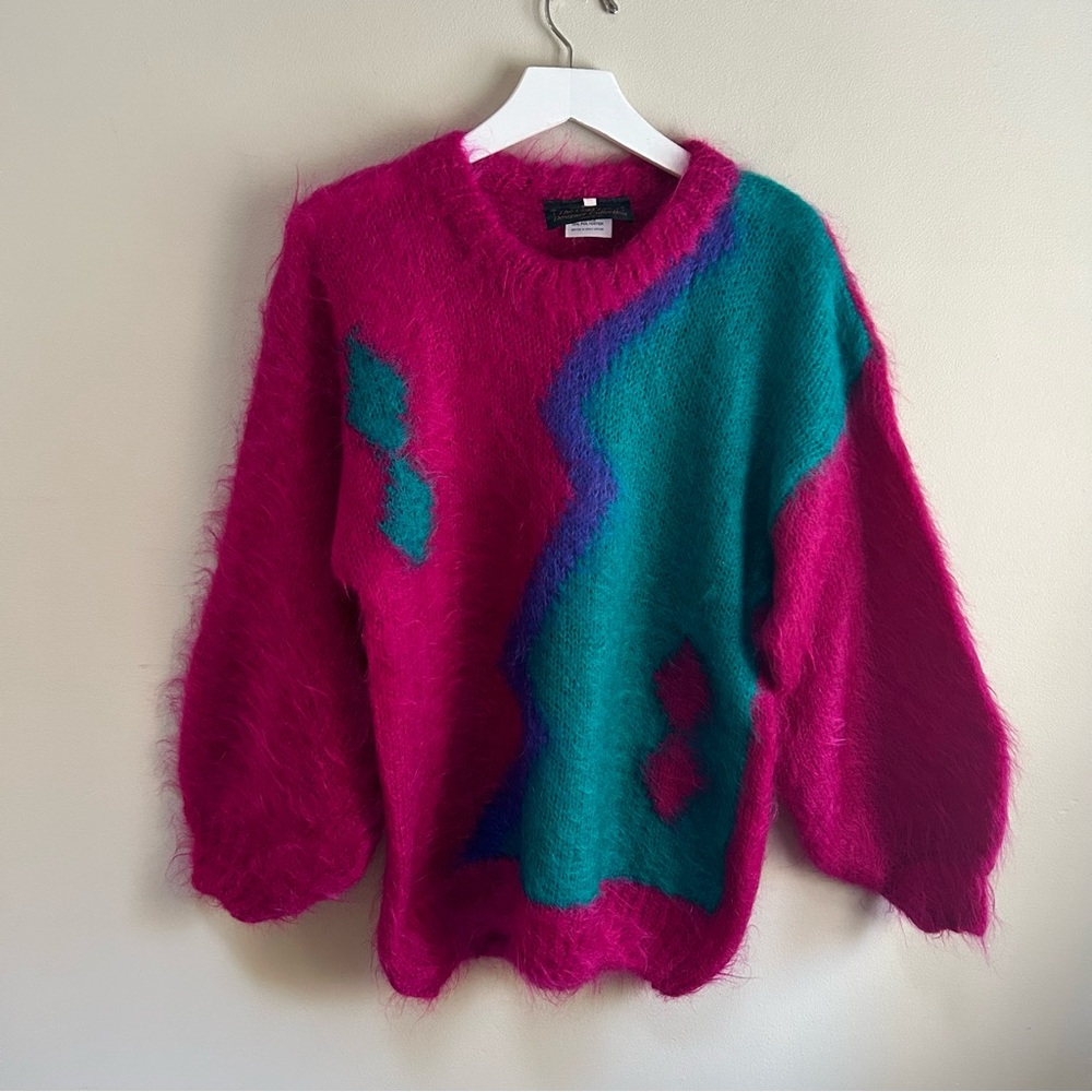 Gold Label Designer ~Vibrant 80s 90s Mohair Geometric Colorblock Sweater~ Medium - Picture 1 of 14
